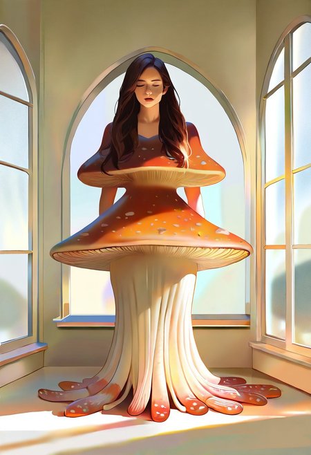 1girl, solo, full body, simple dress, fungi dress, mushroom dress, brown hair, long hair, photo realistic, window in her face, surrealism,
from front, masterpiece,best quality,very aesthetic, absurdres, sfw, long shot, indoor, white wallpaper,