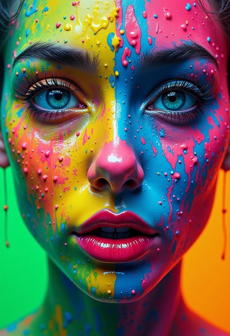 Portrait, surrealism, psychedelic liquid painting, melting neon woman colors, Rubik's cube face, green, blue cobalt, ruby red, orange, yellow, pink, highly detailed