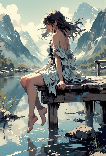 Mh1$AgThS2, intricate linework with expressive contrasts, soft lighting with dynamic highlights, neo-noir portrait, young Asian woman in a summer dress, long loose hair, sitting at the end of a jetty on tranquil mountain lake, with mountains in the background, In the style of ff-td