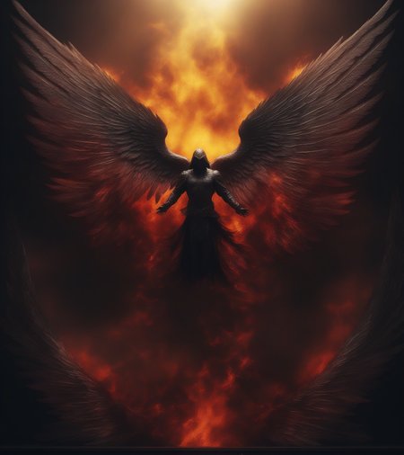 A perfect photography of an angel floating in the air. The large wings extending from his back. The symmetrical wings have a menacing appearance; they are spread wide and are bathed in intense dark yellow and red flames.
There is a misty or smoky atmosphere around the figure, giving the picture a mystical element. The picture is in a monochromatic scheme, mainly with shades of black, white and gray.
(intricate details, insane details, highly detailed, ultra high quality, sharp focus, high contrast, best shadows, soft lighting, dark artificial light, volumetric lighting, cinematic lighting, epic cinematic, 8k UHD, RAW photo, film grain, denoise, photorealistic, photo realism, long shot, centered:1.4)