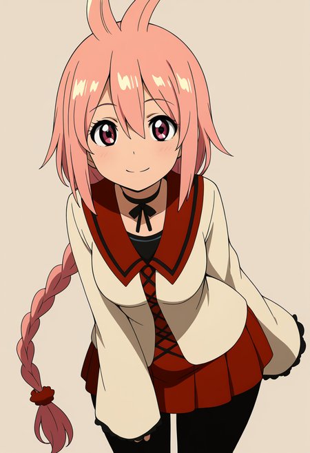 masterpiece, best quality, solo, curvy, beautiful eyes, narrow waist, wide hips, 1girl, solo, smile, looking at viewer,   zzKaede, pink eyes, hair between eyes, ahoge, antenna hair, long hair, pink hair, single braid,  school uniform, choker, sleeves past wrists, red skirt, black pantyhose,   ,<lora:KaedeByKurumiErika_IXL:1.0>, from above, dynamic pose, cowboy shot, smile, looking at viewer, shiny skin,