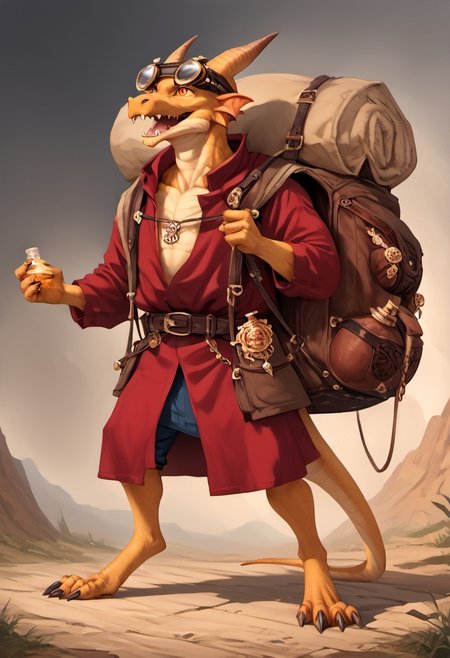 goblin, 1boy, golden skin, Kobold, furry dragon, tail, short stature, full body, score_9, score_8_up, score_7_up, score_6_up, alchemist bomber, crazy alchemist cartoon bombs, goggles on head, pathfinder portrait, potions, potion belt, red robes, golden ornaments, jewellry, (((enormous backpack, silly huge backpack, medium neck, gigantic backpack))),  rpg portrait, gop, oil painting \(medium\), texture
