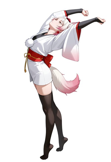 Smooth Quality,masterpiece,very intricate, high quality details, ultra realistic, high detailed skin,detailed enviorement,absurdres,
simple background, white background,solo,
stretching, arms up, tiptoe, arched back, elegant,  ,dynamic angle,exhausted,
 <lora:Momiji_cnn:0.8> momijicnn,1girl, wolf ears, yellow eyes, white hair, pink hair, short hair, gradient hair, thick eyebrows,tokin hat, japanese clothes,white kimono,sash, black thighhighs, long sleeves, bridal gauntlets,earrings, pom pom (clothes), tail,