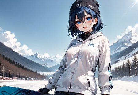 score_9, score_8_up, score_7_up, score_6_up, score_9, score_8_up, kaede (1girl, blue eyes, dark blue hair, blush, big tits, hair between eyes, short hair).
(smirk:0.9), (open mouth:0.9), cute, 
beanie, gloves, snowboarding, leaning back, 
(snowboard:1.1), slope, at snowy mountain, day, 
sharp focus, looking at viewer, from below, motion blur, depth of field, (intricate:1.1), (white tone:1.1), (pale blue tone:0.9), (white atmosphere:1.1), 
llustration, (anime coloring:1.1), high contrast, 
(masterpiece:1.2), (best quality:1.2), (very aesthetic:1.2), (absurdres:1.2), (detailed background), newest, ai-generated, (intricate details:1.2).