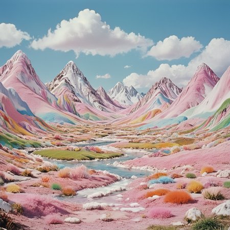 <lora:60s_Psychedelic_MovieSDXL:1> ArsMovieStill, movie still from a 60s psychedelic movie, The image is a landscape photograph of a mountain range. The sky is blue with white clouds scattered across it. The mountains are covered in a variety of colors including pink orange yellow and green. The ground is covered in patches of grass and shrubs and there is a small stream running through the center of the image. The colors are vibrant and the overall impression is of a beautiful and serene landscape., scenery, no humans, outdoors, sky, cloud, day, mountain, blue sky, field, landscape