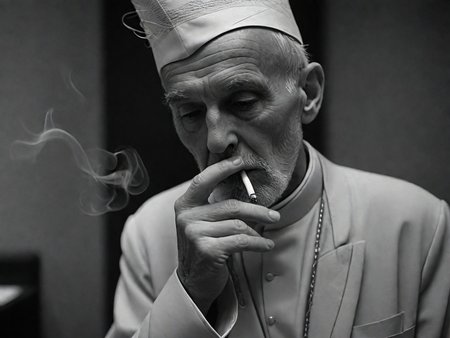 this black and white photo was shot on Kodak Tri-X 400 monochrome film with a Nikon F2 SLR camera and a Nikkor f/1.4 50mm lens, aperture f/1.4, shutter speed 1/60s, ISO 400. In a dimly lit confessional, an old priest with hat is depicted with a lustful expression as he sensually draws on his cigarette, the tendrils of smoke swirling and enveloping the room.