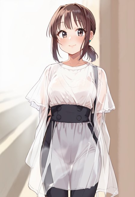 score_9, score_8_up, score_7_up,source_anime,(close up:1.3), front view,
 1girl,20yo, brown hair, gray eyes, (large breast:1), (ponytail:1.1), medium hair,(curvy:1.1),(light blue clohtes shirt:1.1),gray skirt,bangs, tsurime, jitome, blush,smile beam, dress, arms behind back,  closed mouth ,simple background,beautiful scenery, outdoors, , looking at viewer, earings, looking at viewer,,long  sleeve shirt, tyontyon, clothed, (pants:1.1) <lora:tyontyon-02:1.2>
