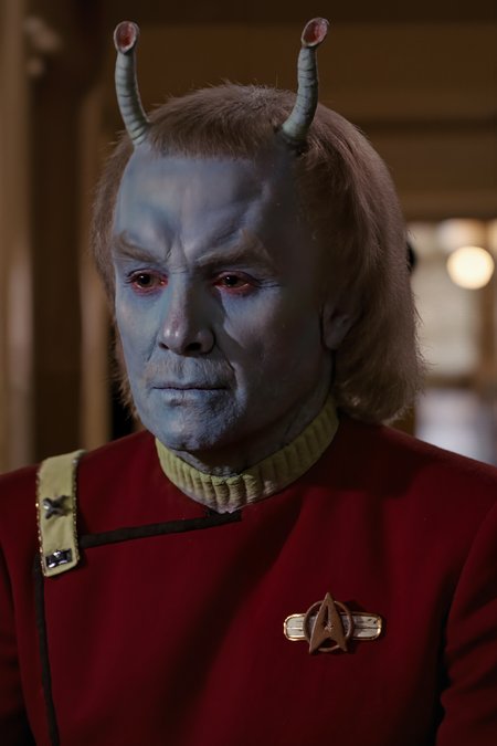 An andorian male man with blue skin and Antennae and with long hair and moustache stands in the ancient temple wearing red TWOK uniform, dark mustard yellow collar (photography, high-resolution, dynamic, energetic,hyper-realistic, dramatic lighting, shallow depth of field.), detailmaximizer, MythP0rt<lora:aidmaMJ6.1-FLUX-V0.1:0.6><lora:Movie_Portrait><lora:Flux DetailerV2><lora:TWOK_FLUX:1.1><lora:andorian_FLUX:1.1>