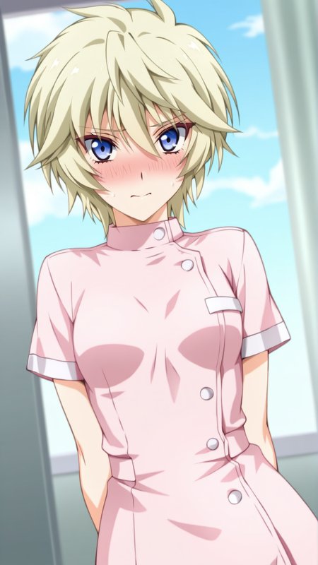 source_anime, general, best quality, masterpiece, 1girl,  <lora:Esther_Elhous_ill_v1.0:1> esther_elhous\(srw\),blue eyes , blonde hair, yellow hair,tsurime, small breasts ,nurse, flustered, (embarrassed:0.9),  dynamic pose, dutch angle, cowboy shot,