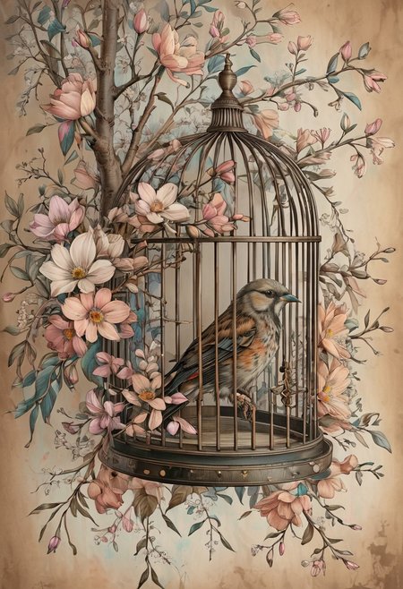 light pastell tones, very aged dark brown paper, inkpunk, Botanical illustration, 1bird sitting in a birdcage, door open, multicolored flowers, branches, fine lines, will-o'-the-wipe light, overall detail, extremely detailed,awardwinning, masterpiece