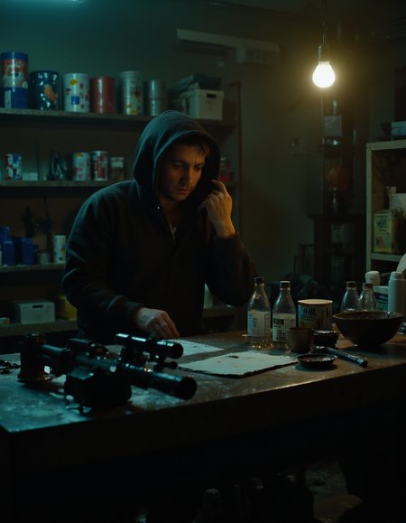 cinematic scene of a dystopian market vendor, a vendor stand behind the counter wearing dark hoodie, bored expression, tired eyes, , the counter is cluttered with bottles, papers, screws, guns, in the back is shelf cluttered with tools, supplies, canned food, a light bulb hangs from above giving the space light,  <lora:CinematicStyleFlux_v1:1> <lora:Dark Cinematic:1> DRK ,