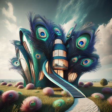 pavolaris futuristic house with peacock feathers, professional  photo, expressive, detailed, sharpened, cinematic<lora:pavolaris:1>