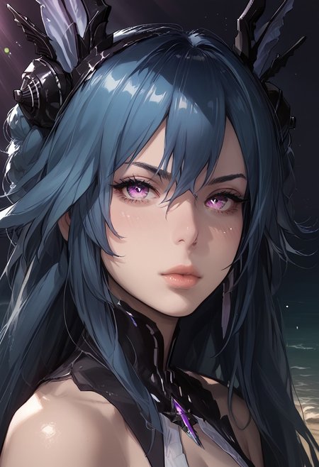masterpiece, best quality, highres, absurdres, realistic, realistic skin texture, realistic hair, best quality, very aesthetic, perfect face, extremely detailed eyes, score_9, score_8_up, score_7_up 
BREAK
1girl, God rays, portrait, on a beach, evening, dynamic angle, side view, looking at the viewer, LostLullaby, light purple eyes, blue hair, long hair, Lost clothes, headgear
BREAK
dark background, fairy light, dark light, cute face, blush, pout, averting eyes