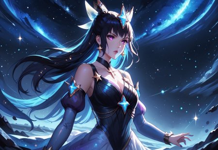 score_9, score_8_up, score_7_up, score_6_up, score_5_up, score_4_up, realistic, concept art
BREAK outside, space, galaxy, night, stars, glitter, sparkles, mist, dramatic lighting, action shot
BREAK nyx, goddess of the night, glowing purple eyes, ethereal hair, long flowing hair, prestige star guardian syndra wind
<lora:Nyx-GoddessOfTheNight_ponyXL_v10:1> <lora:Guweiz_ponyXL_v10:0.6>