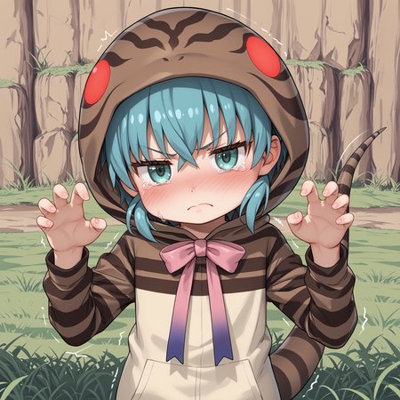 score_8_up, score_7_up, score_6_up, source_anime,good_hands, better_hands,<lora:pony_good_hands:0.1>
8k, (Max resolution, Masterpiece, perfect lines, high-res, absurdres, incredible quality,detailed_eye_model, High detailed skin, High detailed background:1.2),uncensored,
BREAK,
outdoors,grasslands, 
1girl,girl focus,
(  very flat chest,  :1.2),
tsuchinoko (kemono friends),aqua hair, aqua eyes, short hair, striped tail, snake tail<lora:Tsuchinoko:0.8>
hoodie, striped hoodie, pocket, hood, long sleeves, neck ribbon, pink ribbon, striped hoodie,
standing,( head tilt,head down,looking up, from above:1.0), 
upper body, portrait 
(angry, hands up,claw pose  :1.2),half-closed eyes, tears, full-face blush, trembling, trembling girl,angry trembling,crying,High detailed fingers,
(petite girl,child girl,skinny girl:1.2), <lora:Break_Wasteland_2:0.8>