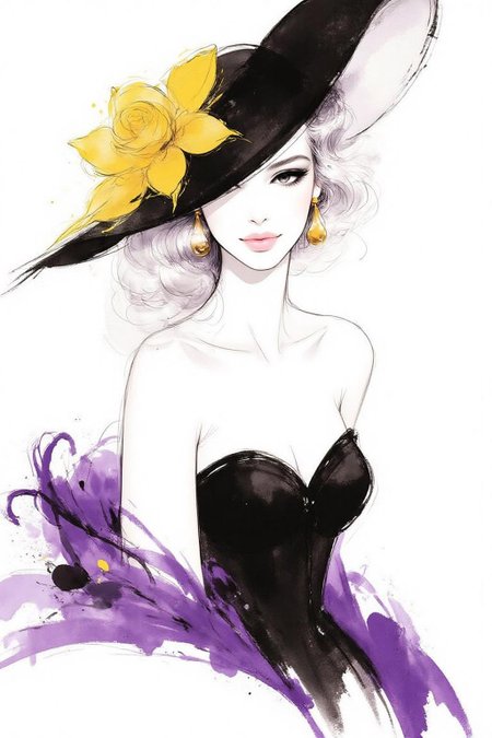 nijiwc1 Ink brush style illustration of a woman in a black corset, adorned with a black hat adorned with yellow accents. Her dress is adorned with purple wings, adding a pop of color to the scene. The background is a stark white, creating a stark contrast to the woman's outfit. The woman's face is adorned in a bold white shade, her lips are pursed in a soft pink hue. Her eyes are adorned with black, adding depth to the composition. <lora:inkwash_niji_nocap_d6a3:1.0><lora:806958199820467704:0>