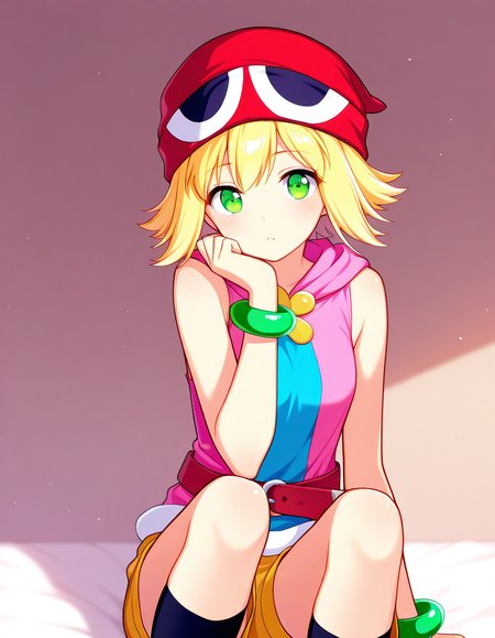 <lora:PAmitie_SDXL_Illustrious01_fp16_ver01:1>,PAmitie, 1girl, solo,blonde hair, short hair,green eyes,hat, shorts,bracelet,pink sleeveless hoodie, blue shirts,red belt,black socks,looking at viewer, portrait, anguish, masterpiece, best quality, very aesthetic, absurdres,<lora:detailed_hands:1>,hand