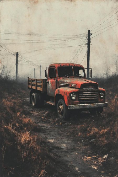 apoca1 illustration. a old truck is left abandone on a road. <lora:apocalypse_now4_nocap_d4a2:1.0><lora:803186608649080045:0>