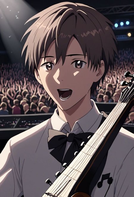 high resolution, solo, best quality, 1Boy, Takaki Toono, Brownish Hair, Brown Eyes, singing, portraits, dept of field, virtual concert, playing musical instrument, OverallDetail