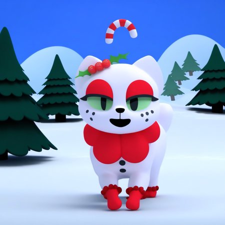 gloves, sun, gradient background, beads, bow, ^ ^, multiple boys, holding hands, blue background, facing viewer, simple female eyelashes, cherry, snow, red mittens, bell, candy cane, stop motion, forest, solo, object on head, looking at viewer, looking up, eyes closed, outstretched arms, 3d, mittens, red bow, black eyes, animal, snowman, buck teeth, eyes open, christmas tree, fruit, furry, thought bubble, food, nature, mole, blue sky, 3 black freckles on each cheek, looking at another, fangs, half-closed eyes, strawberry, smooth white female cat, vertical black pupils, freckles, green eyes, outdoors, shading, christmas ornaments, hair ornament