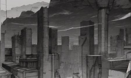 vast scenery, empty, city ruins, cables, tubes, clouds, smoke, (best quality:1.3), monochrome, grayscale, <lora:blame5:1>,  g-pen sketches, rough outline,detailed shadow