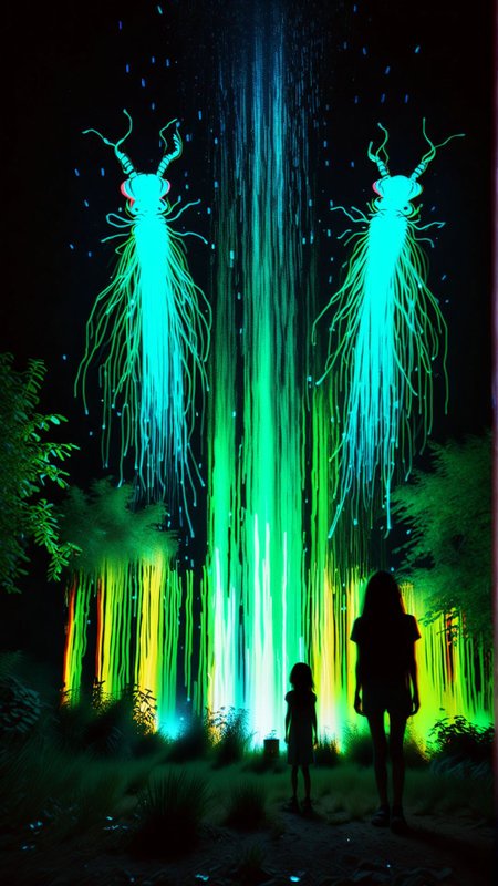 A colony of fireflies puts on a dazzling light show every night, attracting tourists from around the world to witness their beauty. 
(dark shot:1.2)
(optical effect, glitch art, glowing, layered effects:1.2)
 <lora:xray:2>