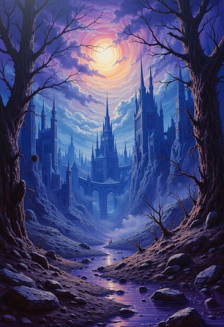 Cursed twilight crowneth fractured realm,
Bleak hues entwine beneath corrupted dome;
Indigobound heavens bleed upon amaranth,
Ozotic boughs twist 'neath sable nocturnal glow—
Fractured titans rise from geonic grave,
Shards pierced by eldritch lumens' spectral rage— Ethereals carrion-scoured cobbles yield,
To voyagers intrepid undeterred,
By temporal fugues and cosmic fevered chills,
Gatherings of motes veil mysterious dells;
impressionist painting, loose brushwork, vibrant color, light and shadow play, captures feeling over form, Oil Painting, 
surreal, concept-art, fantasy, beautiful, painterly, detailed, textural, artistic, aesthetic, intricate details, highly detailed, vivid,  volumetric lighting,