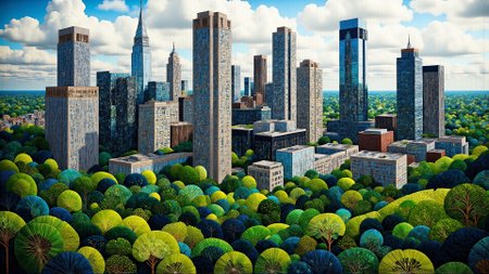 skyscrapers with a green forest in the background <lora:midjourney_whisper_chromaplex_v1:0.9> <lora:Embroidered_Quilting_Flux:0.9>