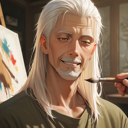 masterpiece, best quality, amazing quality, absurdres, newest, detailed background, definition so sharp, Ultra-HD, 8K cinematic, very awa, impressionate, amazing quality, highres, 
solo, male focus, manly, 
daikakukokujouji, lieutenant_white hair, lieutenant_brown eyes, 1boy, solo, old man, long hair, painting, focused expression, slight smirk,loose-fitting clothes, art studio, natural light, paintbrushes, canvas, satisfied, creative, absorbed, expressive, calm, joyful, cool hobby