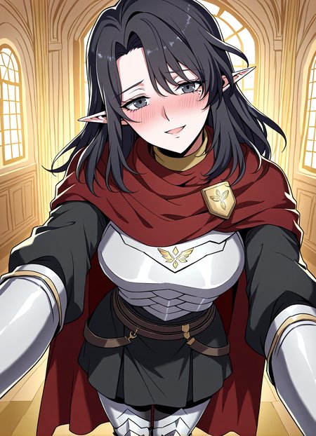 <lora:Aya_Grephin__The_Beginning_After_the_End__Illustrious:1>
1 girl, solo, female elf, medium length black hair, pointed ears, mole under left eye, black eyes, 
dark red cape, red scarf, golden crest, white chest armor, silver gauntlets, armored gloves, black undershirt, dark skirt armor, waist belts, thigh armor, armored boots, cloak fluttering, fantasy knight outfit, fantasy style
score_9, score_8_up, score_7_up, score_6_up, source_anime, rating_explicit, 1girl, solo, smile, embarrassed, alcalose eyes, open mouth, mansion, indoors, looking at viewer, outstretched arms, pov, close-up, (head tilt:1.2)