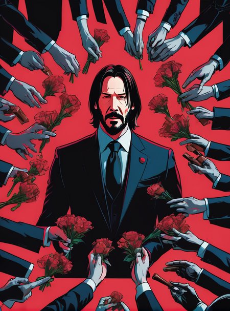 john wick 2 poster, surrounded by hands holding flowers and chocolate from all angle in dark cinematic background