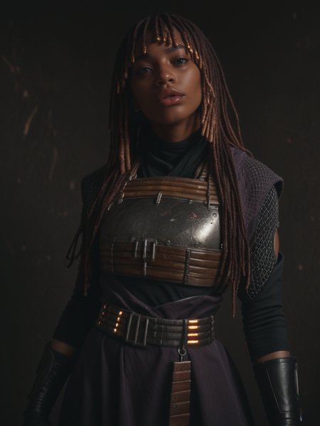 female, detailed face, dark background, solo, score_9, score_8_up, score_7_up, score_6_up, ninja, dark skin, lips, armor, science fiction, ammunition belt, red dreadlocks, long hair, bangs,  <lora:Mae-ho_Aniseya:1>, (dark atmosphere:2)