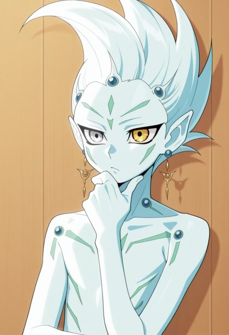 masterpiece,best quality,amazing quality, source_anime, 
astralzx, 1boy, male focus, solo, blue skin, spiked hair, pointy ears, earrings, heterocromia, grey eyes, yellow eyes, upper body,  hand under chin, thinking,