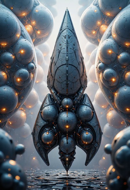 YFG-Ge0m, A vast aerospace built inside massive, glowing bubbles suspended high in the sky. The translucent surfaces of the bubbles shimmer with vibrant fractal patterns, casting a mesmerizing glow against the deep industrial grays of the spacecraftâtones of lead, bromine, and steel gray define their sleek, modern exteriors. The intricate details of the ships, with their aerodynamic contours and advanced propulsion systems, evoke a sense of cutting-edge space technology. The scene is cinematic, hyper-realistic, and awe-inspiring, capturing the contrast between the ethereal beauty of the floating bubbles and the rugged industrialism of the fleet. The sky is an endless expanse, illuminated by scattered light reflections, creating a futuristic masterpiece. YFG-Ge0m