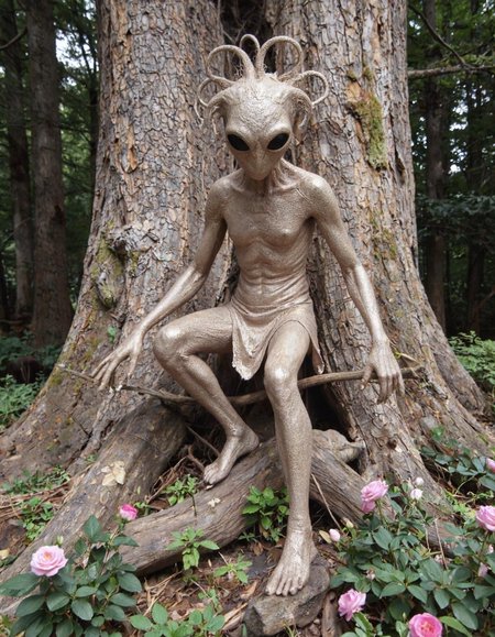 This is a sepia-toned photograph of a surreal, anthropomorphic tree creature perched on a large, weathered tree trunk. The creature's head is elongated and featureless, with large, black, circular eyes and long, thin tendrils extending from the top, resembling a crown. Its body is wrapped in a tight, metallic, brown fabric that appears to be a skin-like material, giving it a ghostly, otherworldly appearance. The creature's arms are long and thin, ending in delicate, claw-like hands, and it holds a long, thin branch in its right hand. The tree trunk is textured with rough bark and mossy patches, adding to the eerie, natural setting. Surrounding the tree are lush green plants and vibrant pink roses, creating a stark contrast against the dark background. The overall atmosphere of the image is mysterious and haunting, with a blend of organic and artificial elements, evoking a sense of the uncanny. The sepia tone adds a vintage, almost timeless quality to the photograph, enhancing the eerie and fantastical mood.
