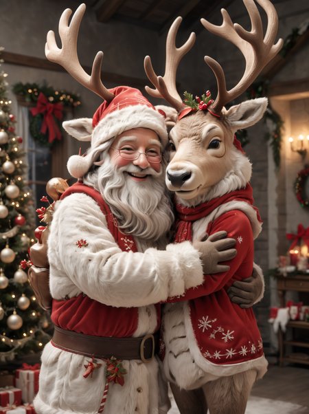 Santa hugging  anthropomorphic reindeer, <lora:xl_more_art-full_v1:0.3> , <lora:add-detail-xl:0.5>,  <lora:Anthropomorphic_Reindeer:0.5>