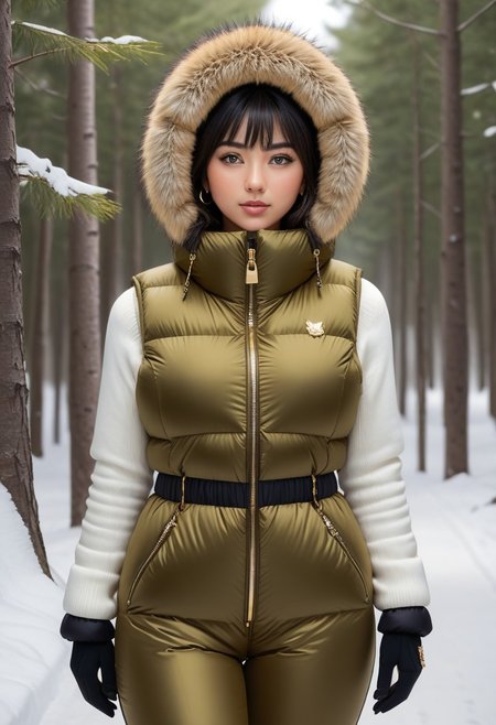 ((((puffer padded jacket)))), ((((puffer padded coat)))), ((((full body)))), ((((fur boots)))), ((((puffer pants)))), ((((puffer hood up)))), winter, snow, forest, 1girl, solo, (masterpiece), detailed face, detailed eyes, (beautiful detailed eyes:1.5), sidelighting, (super detail, hyper detail, intricate_details, detailed), (semi realistic:1.6), (Bob cut), blunt bangs,(black hair), (purple eyes, eyelashs), tanned skin, smug smile, angry face, Golden jewelery, golden rings, golden necklace, golden armlets, golden chains, padded collar, Thick padded collar, <lora:Collar-SDXL:0.6>, <lora:cropped_puffer_vest_v2:0.4>, <lora:snowpants_v1:0.4>