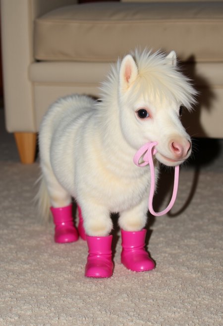 A miniature white pony wearing (bright pink boots:1.2) stands on a soft carpet indoors. [Its mane is neatly brushed], and the pony holds a (light pink leash:0.8) in its mouth, giving a playful and cute expression. BREAK Behind the pony, [the background is blurred], focusing attention on the pony and its colorful accessories. The overall scene balances the soft, fluffy fur of the pony with the vivid contrast of the pink boots and leash.
