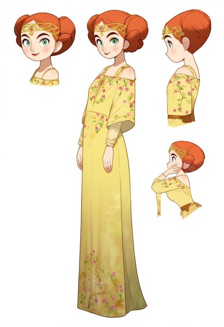 SecretKells, anime oil painting, full  body portrait of a beautiful young woman with red hai,reference sheet,white background,simple background,multiple views, upper body, front, from side, color palette reference, wearing Padme Amidala Yellow Naboo Picnic Dress with Celtic design. Animated, stylized, detailed portrait, mystical atmosphere. delicate off-the-shoulder dress in a pale yellow fabric adorned with intricate floral embroidery in shades of pink and green. The dress has a fitted bodice and a flowing skirt, her hair in two side buns, Her head is adorned with a golden headpiece resembling a crown intricately woven with gold and adorned with small pink flowers, high_detailed, captured in high detail, CharacterDesignFLUX