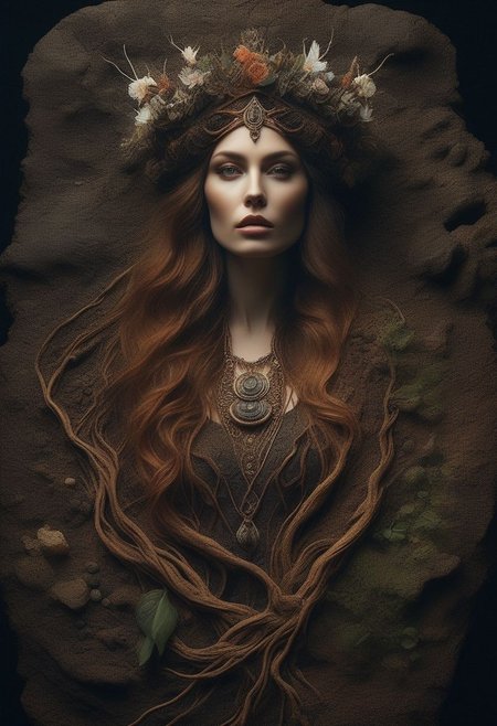 al-tr33brnch, Arttrttrt, extreme Long Shot, masterpiece, intricate detail, best quality, absurd resolution, rock elemental beautiful woman portrait, <lora:ElementEarthSDXL:1>ElementEarth, (high quality:1.4), (best quality:1.4), (masterpiece:1.4), official art, official wallpaper, surreal, wicked underworld beautiful female deity arising from the rocky soil, standing female, beautifulgoddess, (1woman:1.1), (long wavy hair:1.1), (flower crown:1.1), (mystical creatures:1.1),