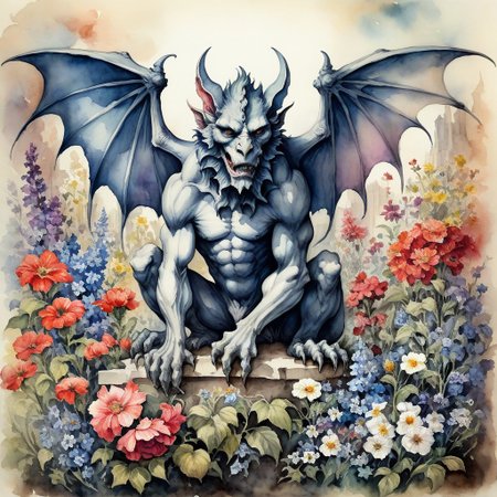 high detail, high quality, masterpiece, epic composition, watercolor on old paper, gargoyle creature amongst flowers