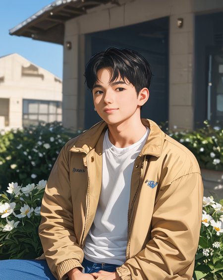 score_9, score_8_up, score_7_up, Korean, <lora:Expressive_H:1>, ((handsome young cute man:1.2, light skin)), ((23yo)),(focus male, solo:1.1), masterpiece, best quality,
The image features a young man sitting on the edge of a rock with a relaxed posture. He is dressed in a casual outfit that consists of white beige trousers and a matching beige jacket. Underneath the jacket, a white t-shirt is visible. The man is holding a small bouquet of flowers, which he seems to be presenting or offering.
 He is slight smiling and looking directly towards the camera, conveying a sense of joy or anticipation. The man has short, dark hair and appears to be in his late teens or early twenties. The background of the image is out of focus but suggests an outdoor setting with architectural features like a building and a structure with a corrugated metal roof.
The style of the image is candid and appears to be a lifestyle or fashion photograph, with shallow depth of field that keeps the person in sharp focus while the background fades into soft colors. The lighting is bright and even, suggesting a sunny day. There are no texts visible in the image.
 <lora:tae_dong-000018:1>, tae_dong