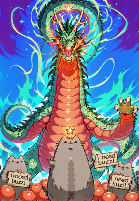 safe_pos, masterpiece, best quality, amazing quality, no humans, Pusheen, ((Pusheen standing next to 7 orange balls that have stars on them)), summoning, shenron, extremely long green dragon shenron, bosstyle,need_buzz, holding sign