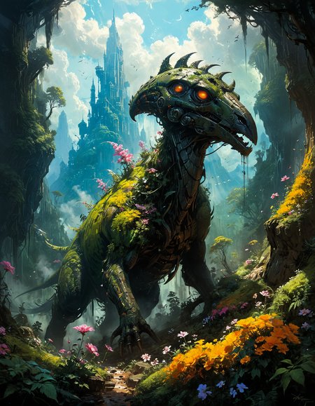 hyper realistic and highly detailed, monochrome masterful traditional oil painting (by Stephan Martiniere, by Alena Aenami, by Yoann Lossel:1.4), dark, dim, dull, shadowy, somber, dusky, lightless, tenebrous, famous artwork inspired by (elden ring:1.1) and (bioshock:1.2) and (keith parkinson:1.2), (dramatic scene:1.3), fractal art, fantasy style, dynamic angle, depicted is the "quick shnoppgrompf", a colossal crunfocated primeval herbivore with his extremely long neck and barbed tail roaming the (lush flower-covered mountain forests:1.3) of planet "alpha quartertauri vi" under a tempestuous sky, this (massive creature:1.4), marked with colorful striking patterns has no quaysled enemies, despite his devurlified nature , perfect composition, full panoramic shot
<lora:xl_more_art-full_v1:0.5> <lora:- SDXL - vanta-black_contrast_V3.0:0.5> <lora:Into_Darkness:0.5>  <lora:add-detail-xl:0.5> <lora:sss:0.6> sss
