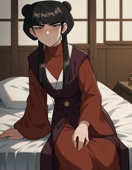 score_9, score_8_up, score_7_up, source_anime, <lora:mai-book2book3-ponyxl-lora-nochekaiser:1>, mai, sidelocks, long hair, black hair, lunt bangs, hair bun, double bun,, chinese clothes, turtleneck, long sleeves, wide sleeves,, indoors, bed, bed room, on side, blush, drunk, looking at viewer, solo,, cowboy shot, dutch angle
