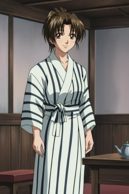 score_9, best, masterpiece, uncensored,
indoors,
1girl, solo, 1990s (style), retro artstyle, official style, smile,
vertical-striped yukata,
<lora:ShinjinTourConductorPonytailGirl:0.8>​​​