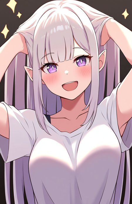 (Score_9,  score_8, score_6, score_7:0.6), masterpiece, best quality, good quality, newest, Emilia, 1girl, hands in hair, purple eyes, pointy ears, white shirt, smile, open mouth, looking at viewer, short sleeves, :d, upper body, grey hair, arms up, medium breasts, collarbone, star \(symbol\), elf,  <lora:Emilia-Illustrious-V2:1>âââ