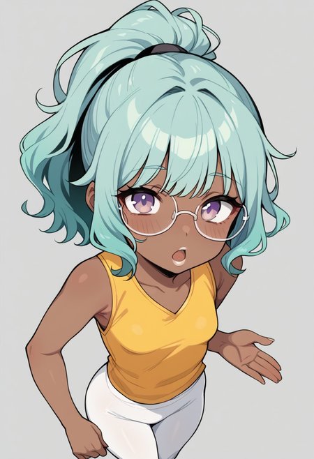 score_9, score_8_up, score_7_up, score_6_up, 1girl, solo, perfect hand, small breasts, (dark skin:1.2), (skinny:1.1), wavy_hair, green fur, light teal hair, medium hair, high ponytail, bangs, light lavender eyes, glasses, white leggings, yellow vest, from_above, standing, open mouth, (white lipstick:1.1)