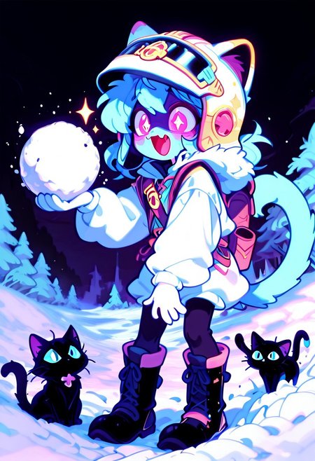 masterpiece, best quality, simple illustration, 1cat, , superdeformer, cute,  snow suite, snow glasses, urban clothing, big boots, helmet, full body, solo, dark background, sparkles, vivid colors, vertical pupils,fang, tail , mcnm, in the style of cknc, cute_style01f1, snowball fight