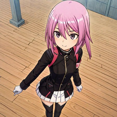 shiny skin,,1girl,,solo, score_9, score_8_up, score_7_up, source_anime,anime screencap,,smile,official costume,yotsuyu,pink hair,full,animacion_y,armband,black jacket,white miniskirt,white gloves,black thighhighs,black footwear,bodyng_deepnegative_v1_75t,an14ng_deepnegative_v1_75t